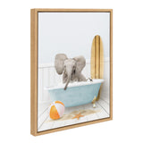 Juvenile elephant sitting in a blue clawfoot bathtub with bubbles, a wooden surfboard behind, and a beach ball, starfish, and sand on white wooden floor.