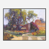 Impressionistic painting of a sunlit garden with a large tree, adobe-style building with a cross, and colorful flowers under a soft sky.
