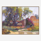 Impressionist painting of a sunlit garden with a large leafy tree, adobe-style building, and blooming flowers in warm earthy tones and soft brushstrokes.