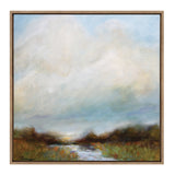 Softly blended landscape painting with a cloudy sky above a serene, reflective waterway bordered by earth-toned foliage, framed in a simple wooden frame.