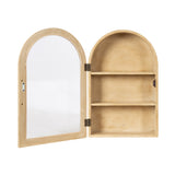 Arched wooden wall cabinet with a hinged door featuring a clear glass panel and three interior shelves in a natural wood finish.