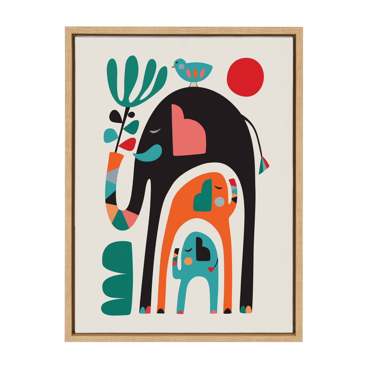 Minimalist abstract artwork of three stylized elephants in black, orange, and blue with geometric shapes and a red circle, framed in light wood.