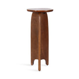 Tall wooden table with a round top and three smooth, curved legs converging at the base in a tripod design, finished in warm brown tones.