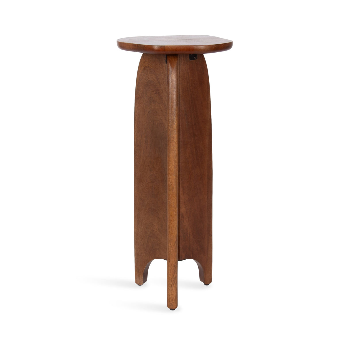 Tall wooden table with a round top and three smooth, curved legs converging at the base in a tripod design, finished in warm brown tones.