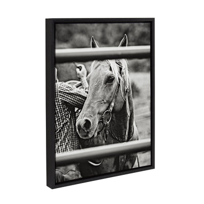 Framed canvas art of a horse being saddled, titled "Photo Saddling Horse" by The Whiskey Ginger