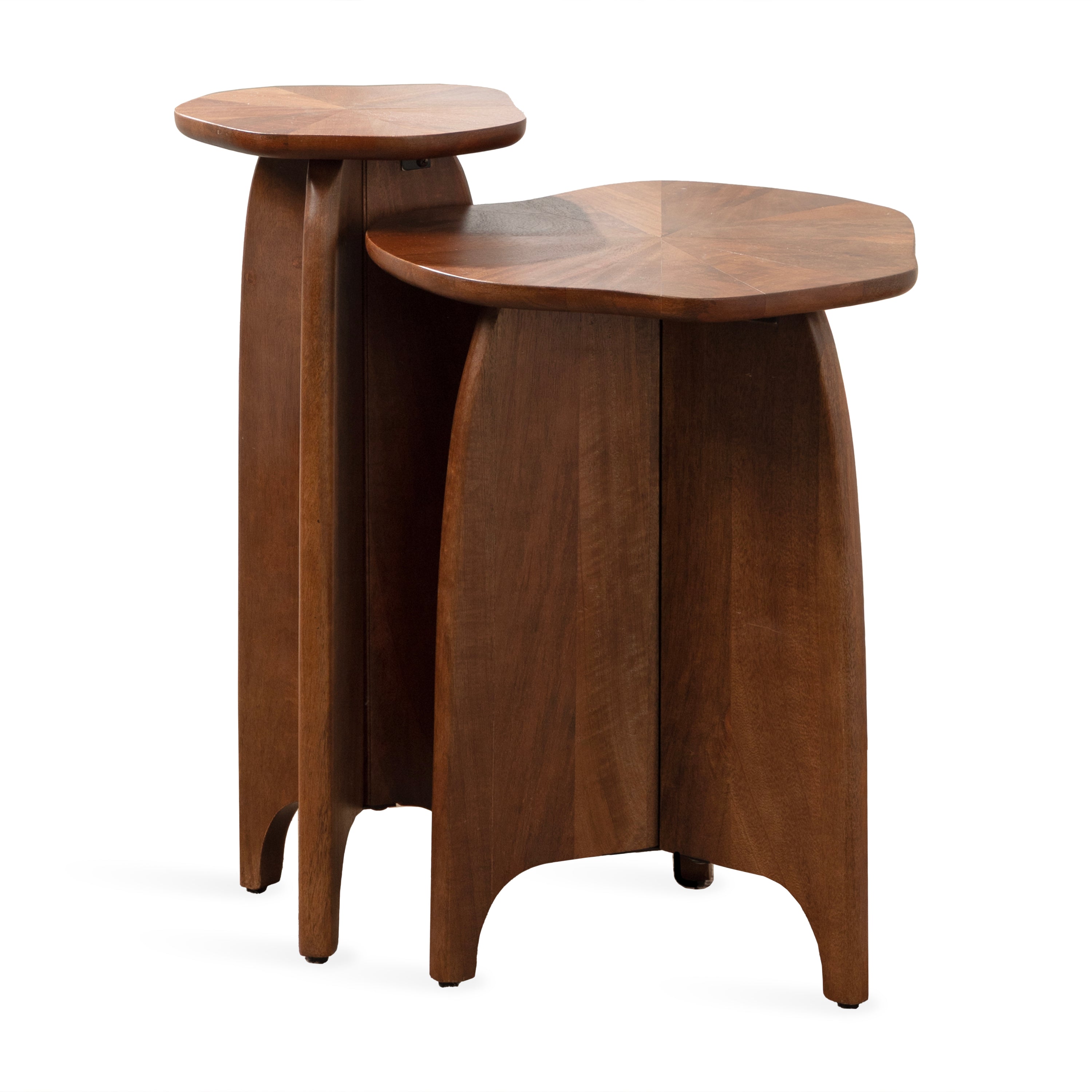 Kanna Wood 2pc Table Set showing two mango wood tables with sunburst tabletops and organic wavy edges in walnut brown finish