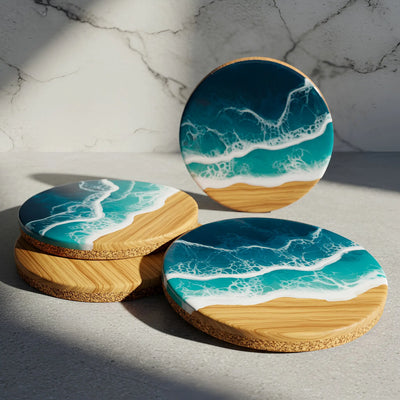 Set of 4 handmade ocean resin coasters with natural wood and blue epoxy waves, displayed with metal holder