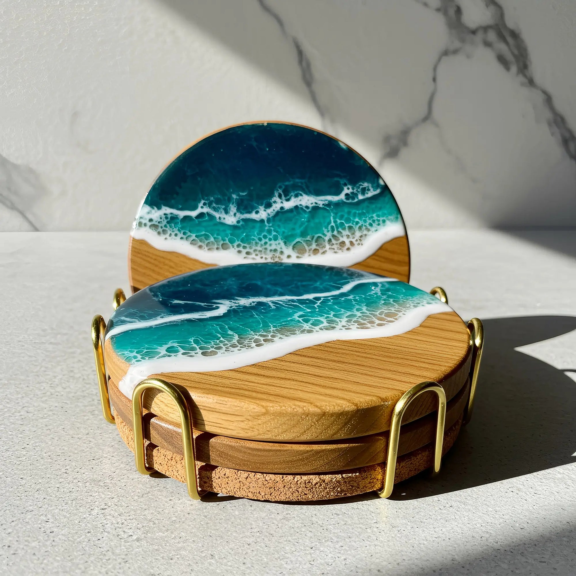 Set of 4 handmade ocean resin coasters with natural wood and blue epoxy waves, displayed with metal holder