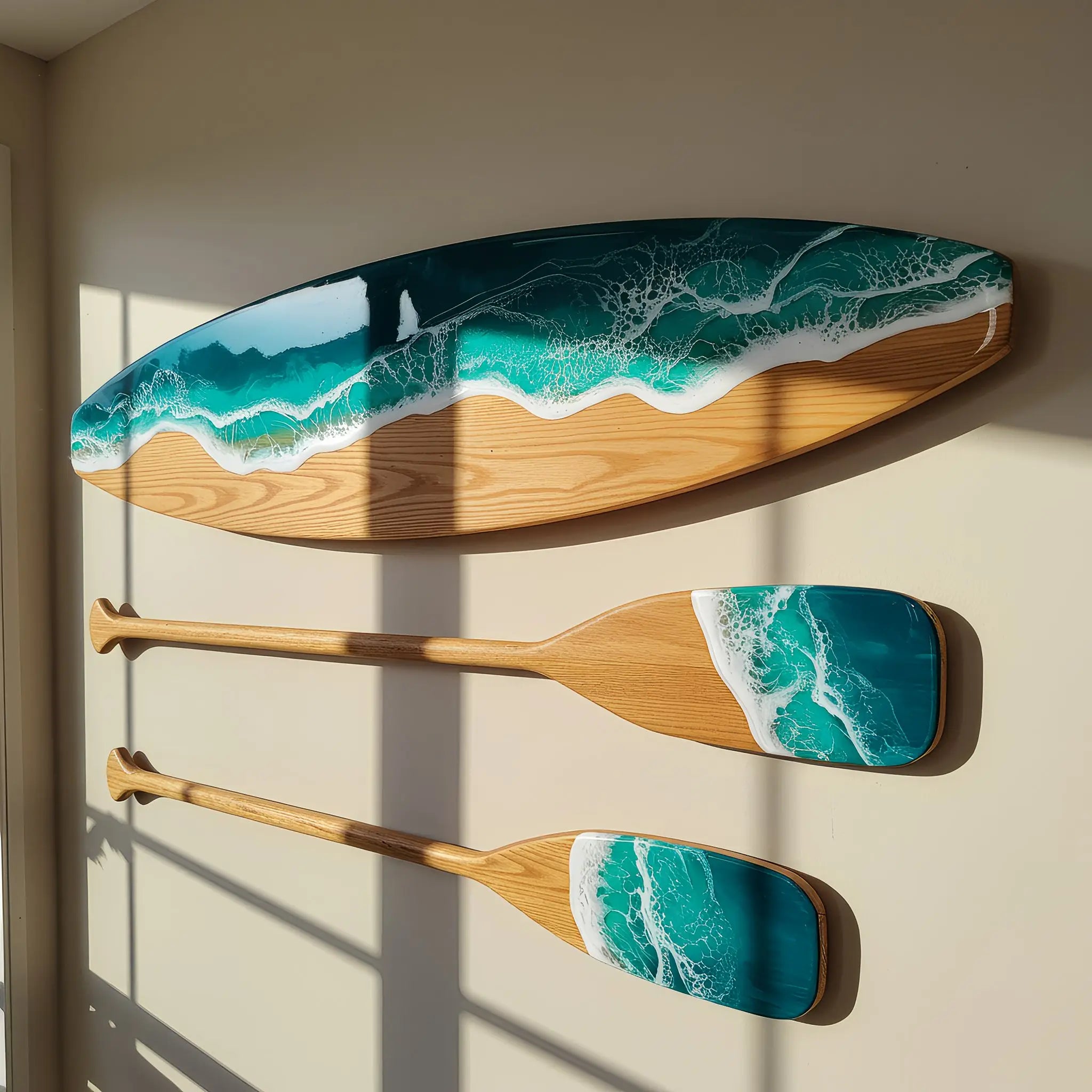 Handcrafted ocean resin surfboard wall decor with resin waves on solid wood
