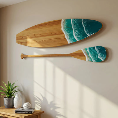 Handcrafted ocean resin surfboard wall decor with resin waves on solid wood