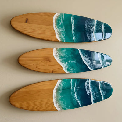 Handcrafted ocean resin surfboard wall decor with resin waves on solid wood