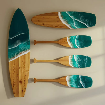 Handcrafted ocean resin surfboard wall decor with resin waves on solid wood