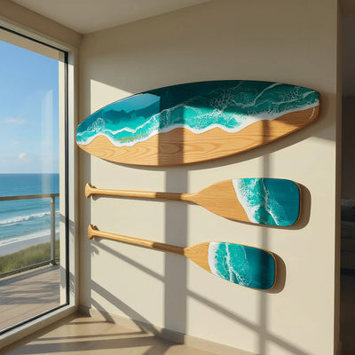 Handcrafted ocean resin surfboard wall decor with resin waves on solid wood