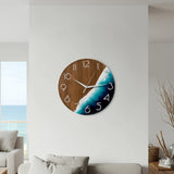 Ocean Resin Wall Clock 12 inch with blue epoxy waves and wood, beach style