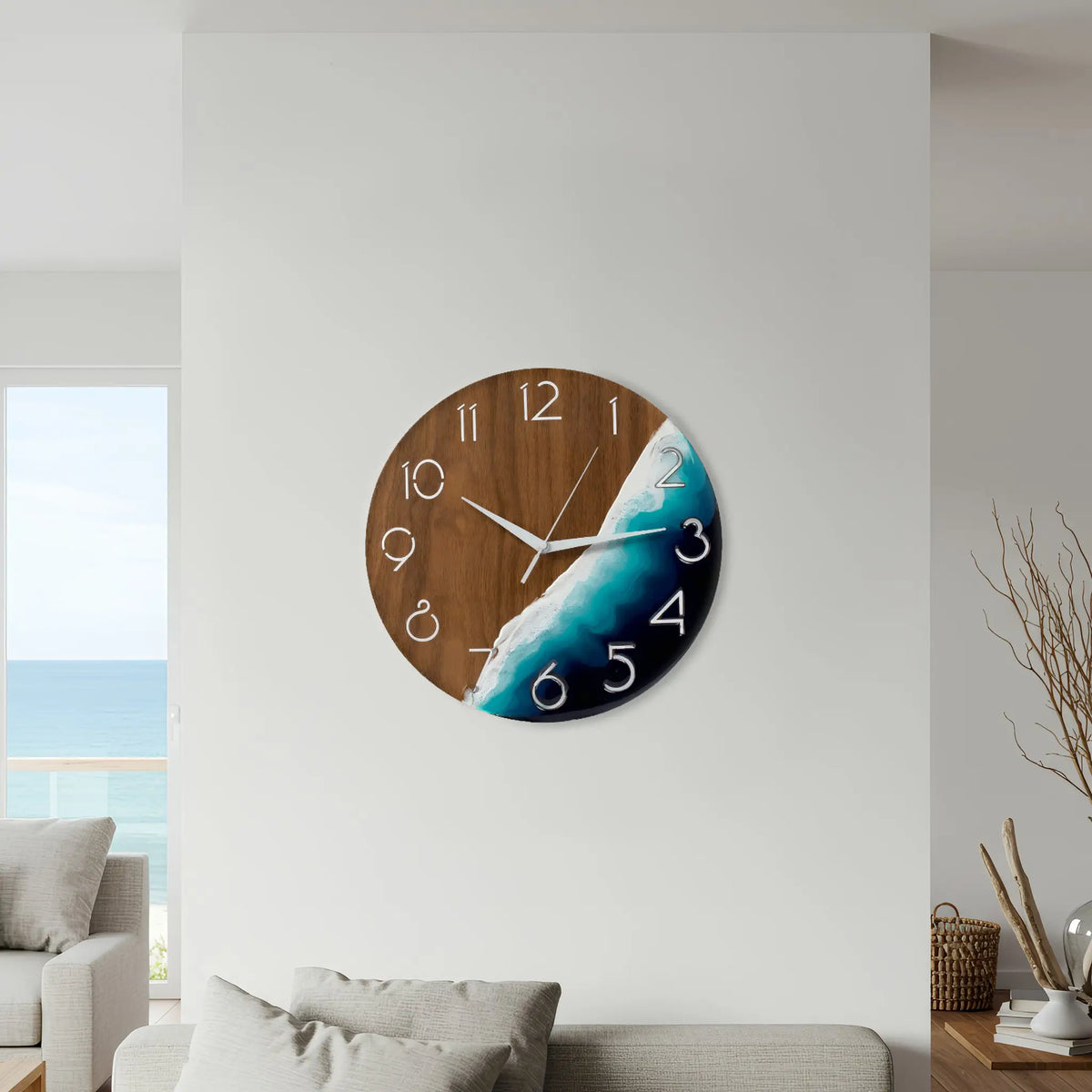 Ocean Resin Wall Clock 12 inch with blue epoxy waves and wood, beach style