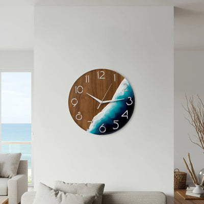 Ocean Resin Wall Clock 12 inch with blue epoxy waves and wood, beach style