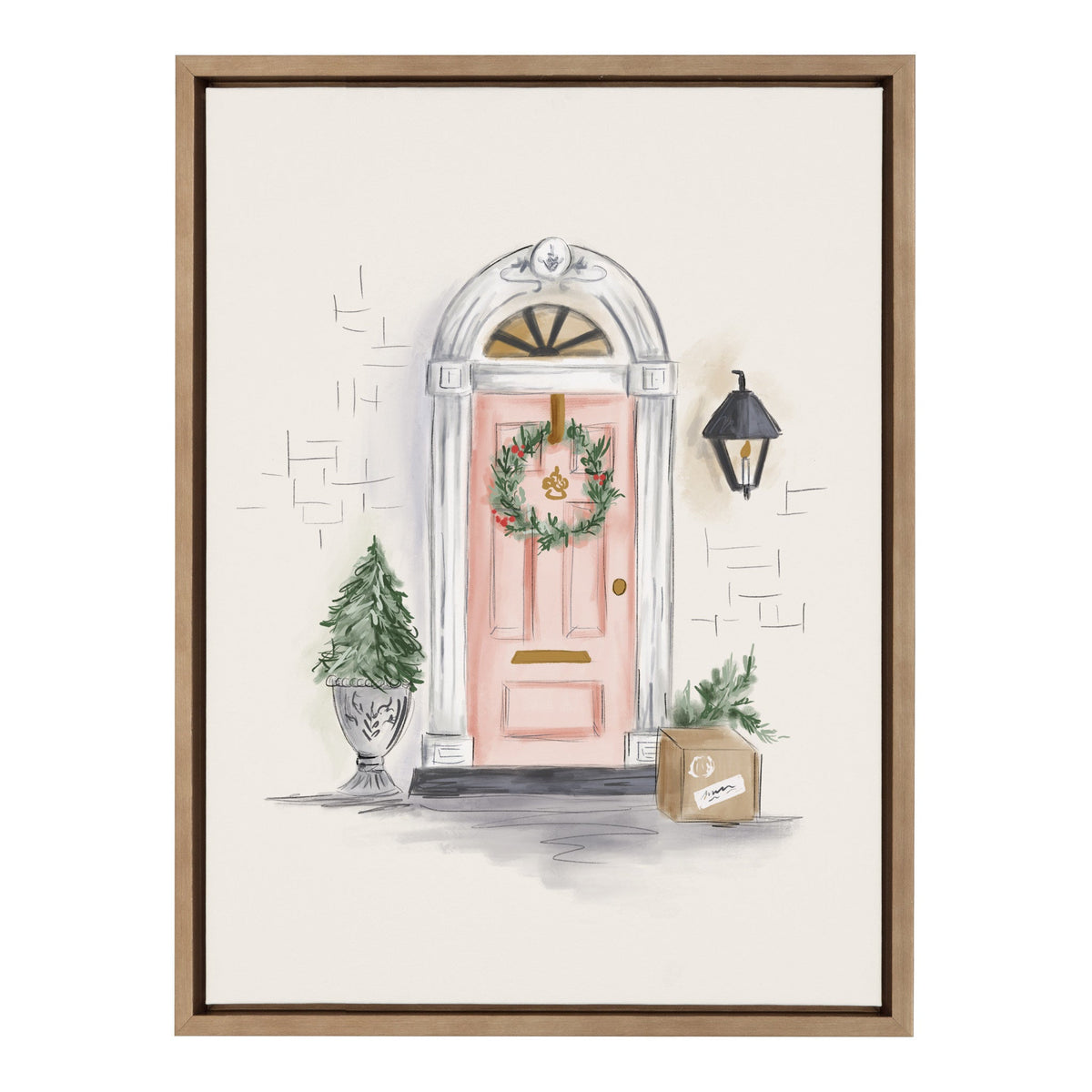 Framed painting of a pink Christmas door adorned with a green wreath, a potted pine tree on the left, and a cardboard box with greenery on the right beneath a black lantern.