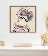 Framed painting of a serene woman with eyes closed, adorned with a colorful floral headdress and intricate patterns, set against a soft beige background.