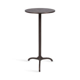 Round dark metal side table with a flat circular top and three curved legs extending from a central vertical support.