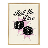 Framed canvas with black script 'Roll the Dice' above two black dice showing different numbers, set against pink starburst shapes on a cream background.