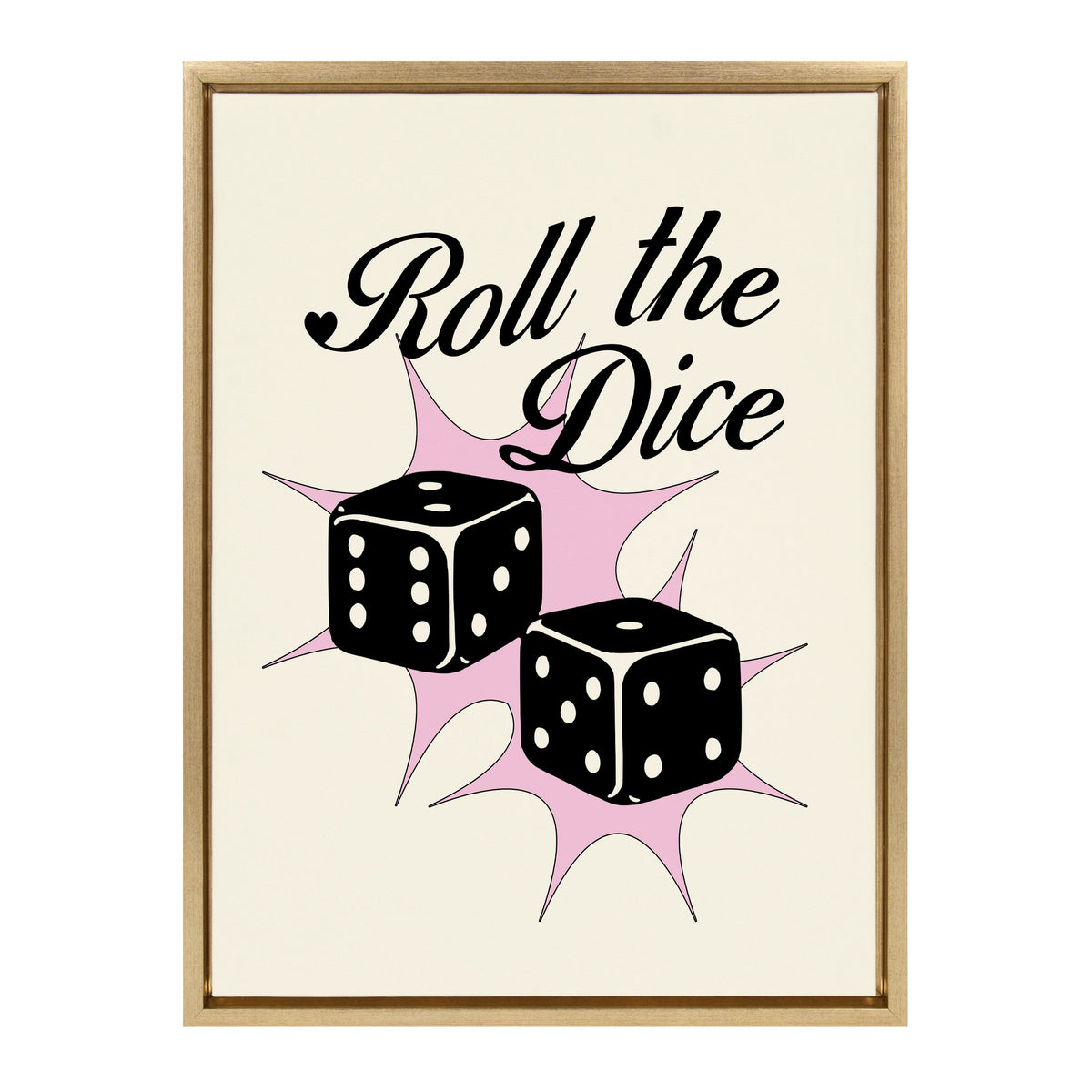 Framed canvas with black script 'Roll the Dice' above two black dice showing different numbers, set against pink starburst shapes on a cream background.