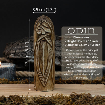 Hand-carved wooden Odin figurine 13 cm tall, Norse god statue with detailed craftsmanship