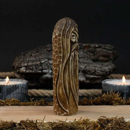 Hand-carved wooden Odin figurine 13 cm tall, Norse god statue with detailed craftsmanship