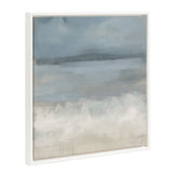 Abstract painting with horizontal layers of soft blues and grays blending into white with textured brushstrokes, in a white frame with beaded detailing.