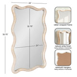 Rectangular mirror with a scalloped edge frame wrapped in natural white rattan, featuring sawtooth hangers for vertical or horizontal mounting.
