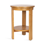 Round wood side table with a smooth top and a circular lower shelf, featuring three straight legs in a warm wood finish.