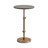 Round dark marble tabletop on a height-adjustable bronze metal stand with a circular base and thumb screw for height adjustment
