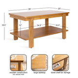 Rectangular wooden coffee table with a natural finish, featuring a thick tabletop and a spacious lower shelf supported by four sturdy legs, shown with dimensions.