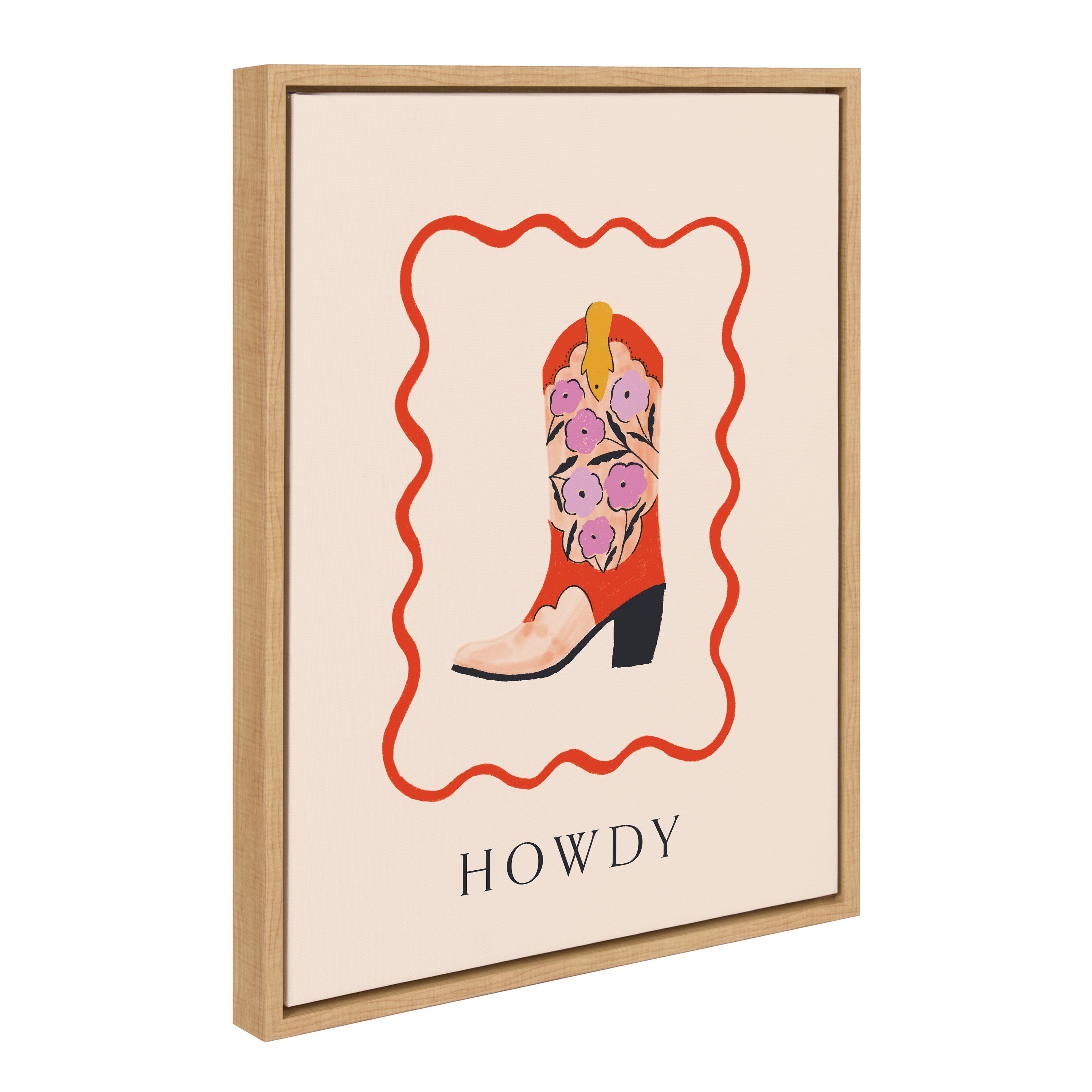 Sylvie Howdy framed canvas featuring bold 'Howdy' typography with a Western cowgirl theme