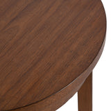 Close-up of a round wooden table top with a smooth, warm brown finish and subtle wood grain, showing part of a straight table leg beneath.