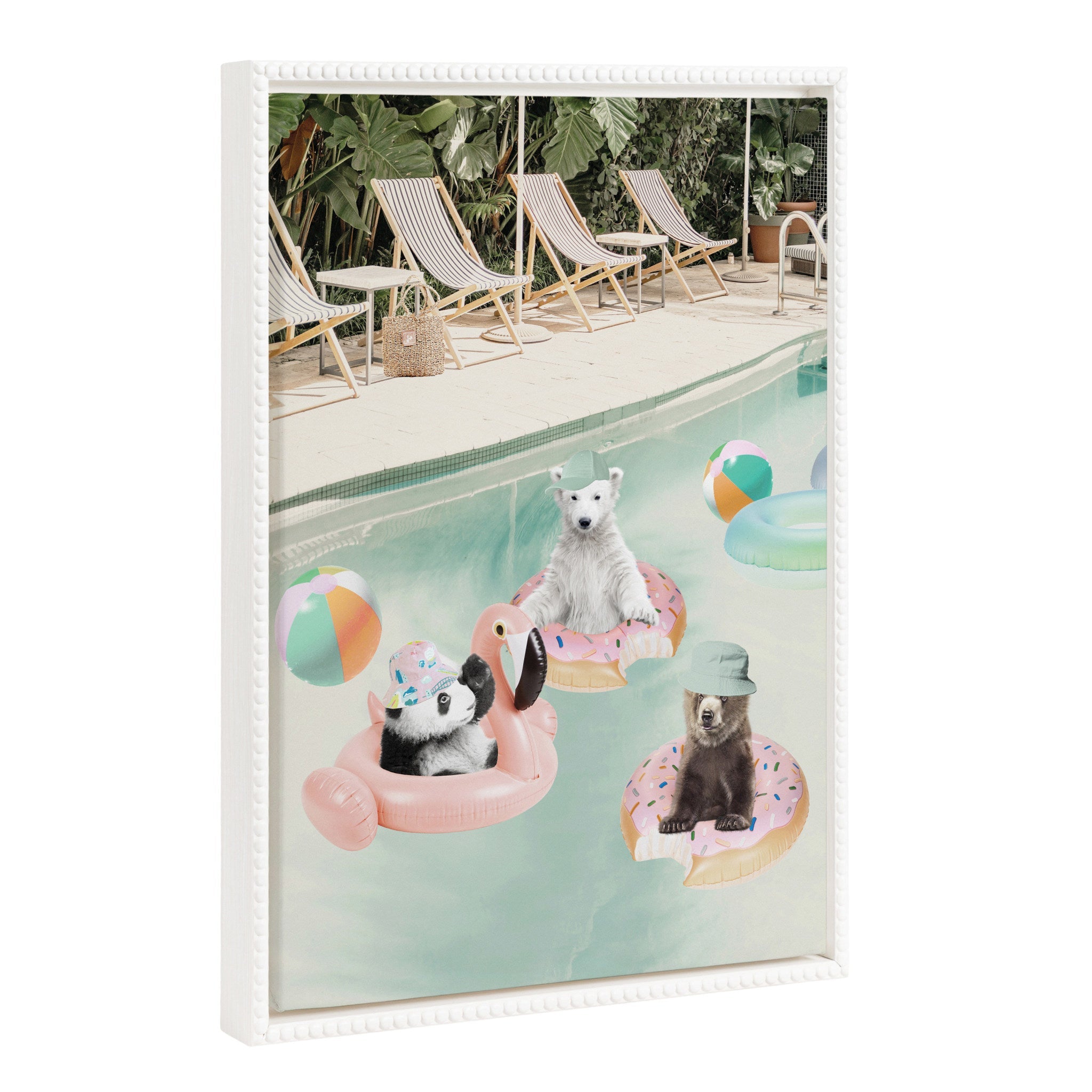 Sylvie Beaded Pool Party framed canvas art showing cute animals at a poolside party