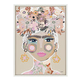 Stylized portrait of a woman with large blue eyes, thick eyebrows, pink lips, and colorful floral patterns forming her hair and neck, framed in white.