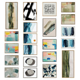 Four columns of framed abstract art featuring mixed watercolor and ink styles with colors like green, blue, black, gray, peach, and orange in various geometric and organic forms.