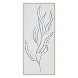 Tall rectangular framed canvas with a simple botanical illustration of elongated light blue leaves on a beige background.