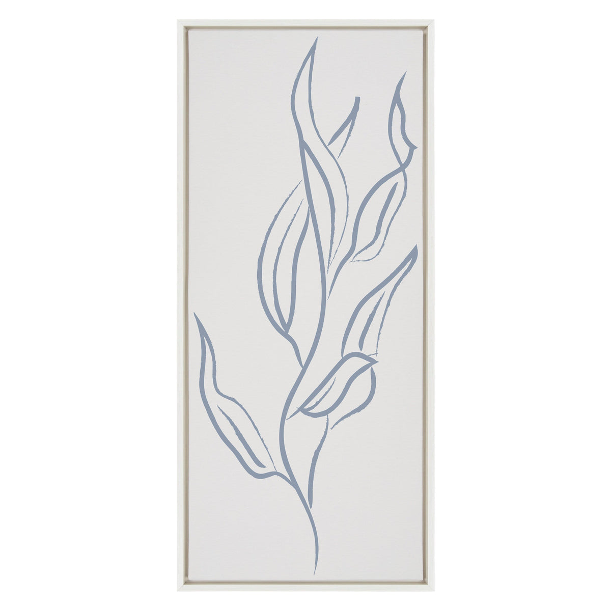 Tall rectangular framed canvas with a simple botanical illustration of elongated light blue leaves on a beige background.
