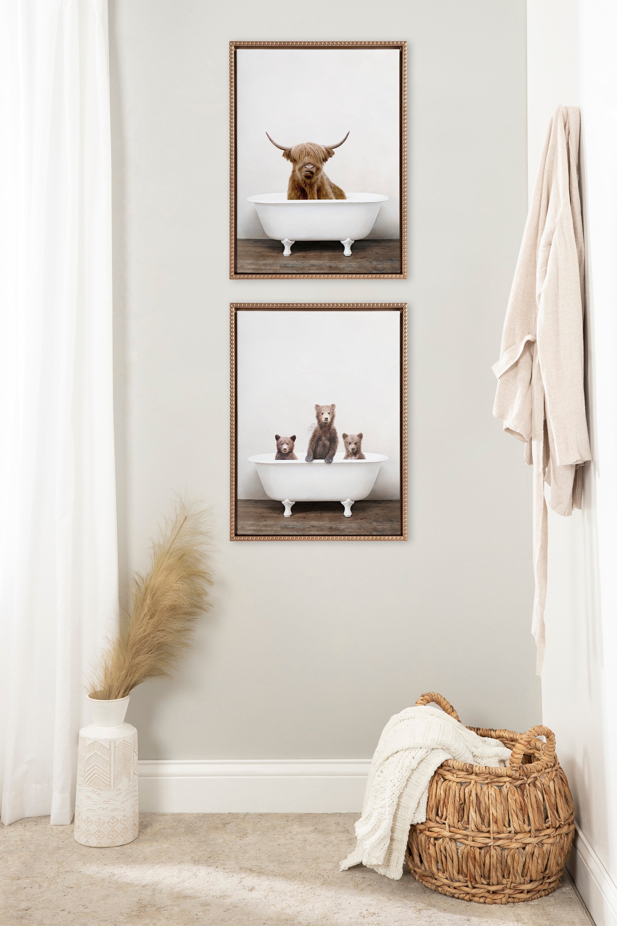 Sylvie Beaded Highland Cow in the Tub Color Framed Canvas by Amy Peterson