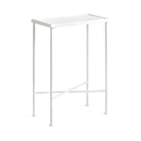 Minimalist white metal side table with slim rectangular tray top and four slender legs connected by a simple crossbar support.