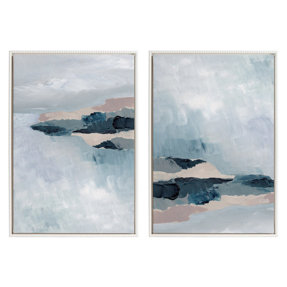 Sylvie Beaded Coast 2 v1 and Coast 2 v2 framed canvas art set by Nikita Jariwala showing two coastal-themed prints with vintage beaded white frames