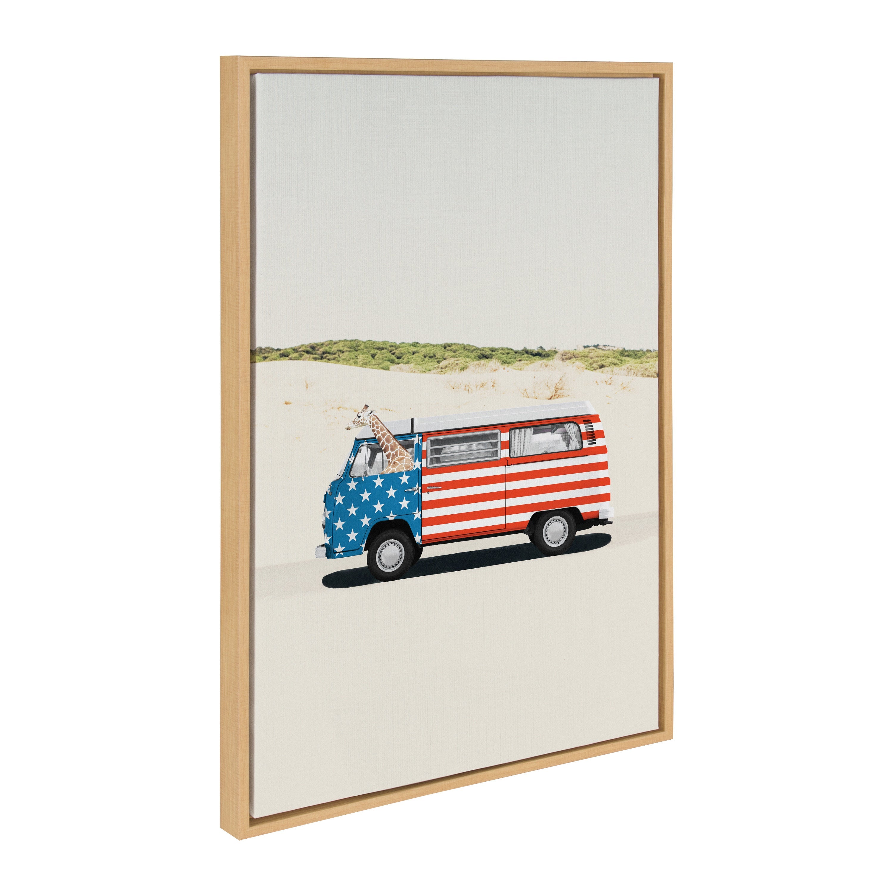 Framed canvas art showing a retro beach van in red, white, and blue colors, evoking a patriotic Fourth of July beach scene.