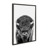 Black and white close-up portrait of a bison facing forward with detailed fur texture, framed in thin dark wood and set against a white background.