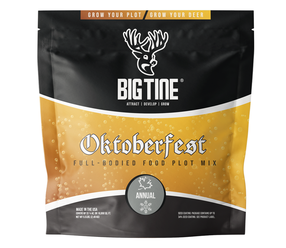 Black and gold packet labeled 'BIG TINE Oktoberfest Full-Bodied Food Plot Mix' with a white deer head logo and text indicating annual use and USA origin.