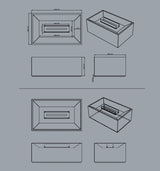 Technical line drawings showing top, side, and perspective views of a rectangular black marble coffee table with a central rectangular built-in fireplace insert, dimensions included.