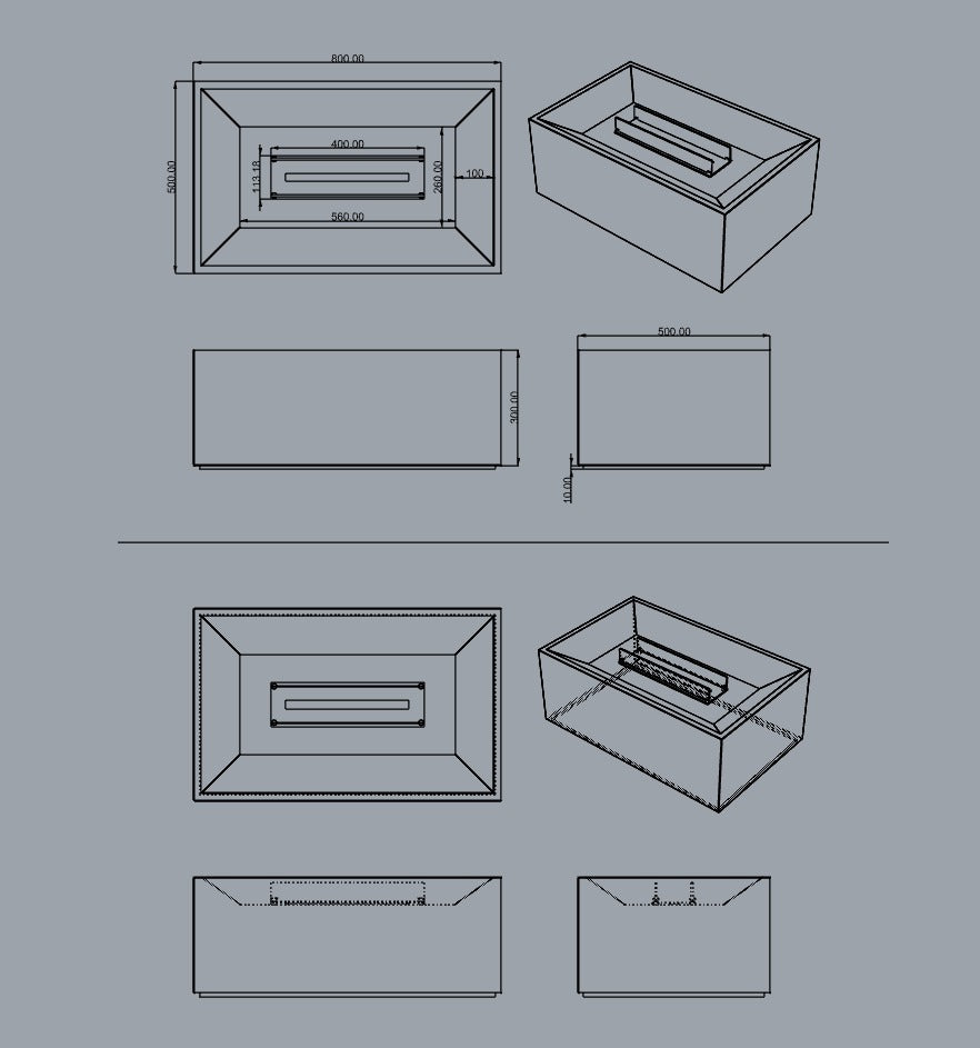 Technical line drawings showing top, side, and perspective views of a rectangular black marble coffee table with a central rectangular built-in fireplace insert, dimensions included.