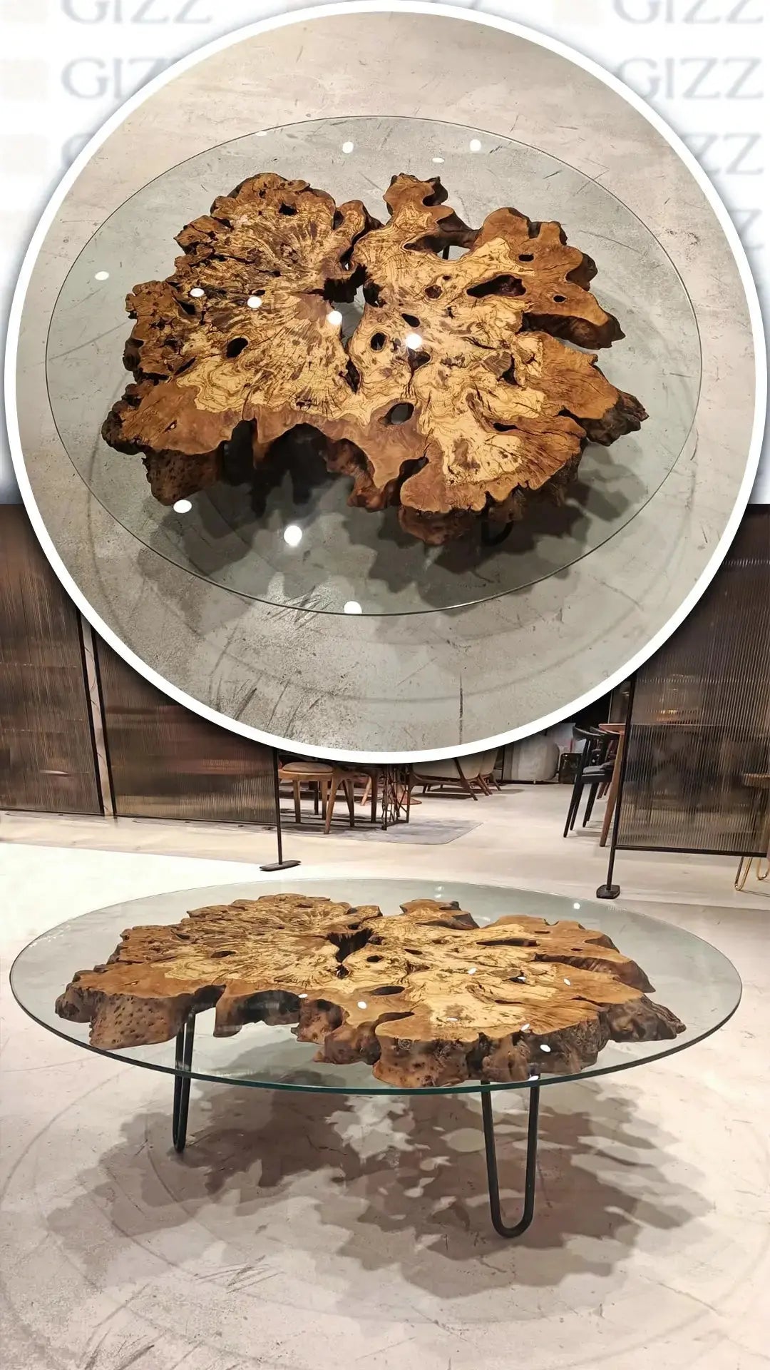 Olive Wood Rustic Coffee Table with Glass Top by Gizz - product image 2 for Resin Society