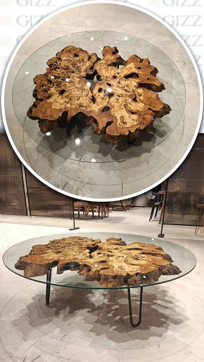 Olive wood rustic coffee table with clear glass top and stone-inspired wooden legs