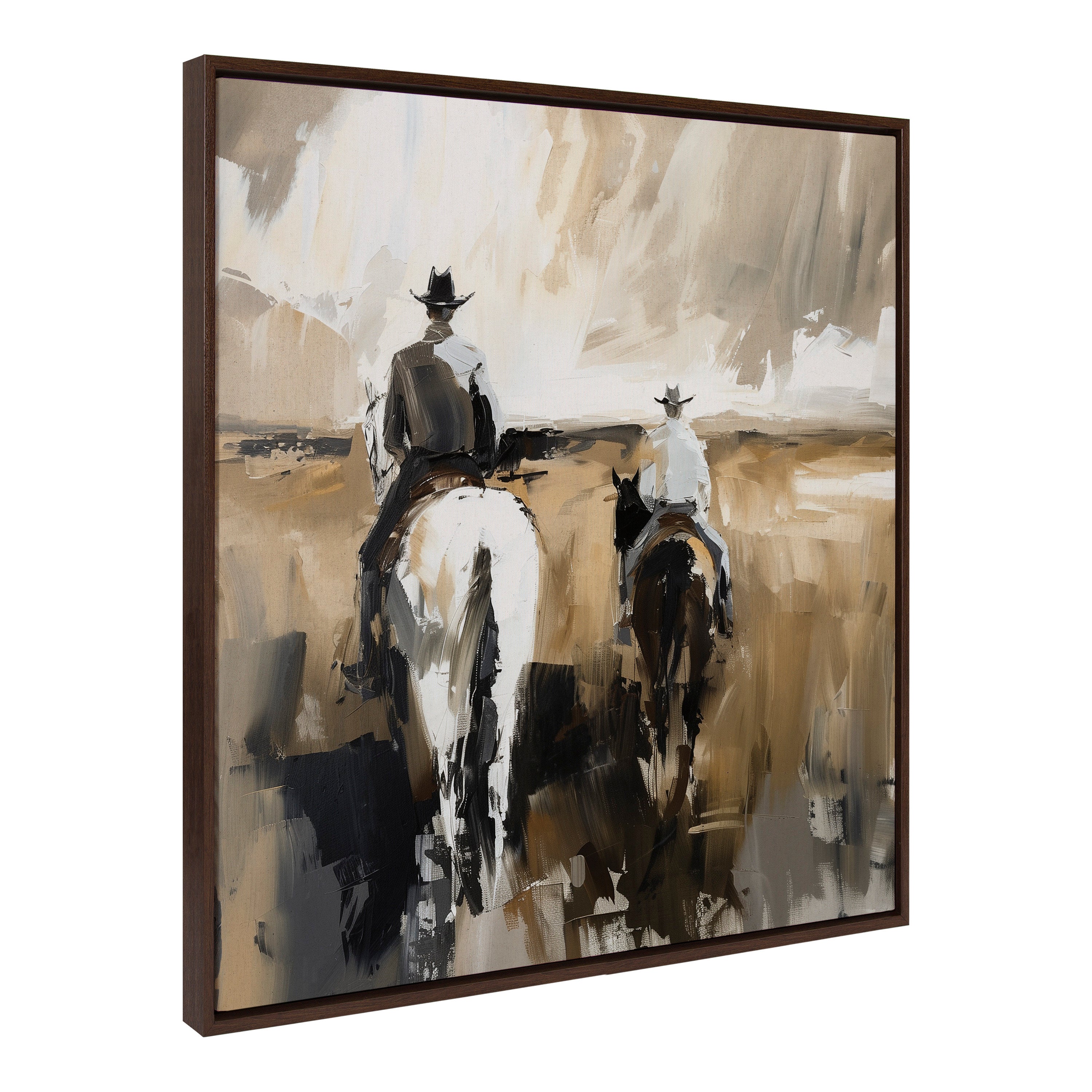 Framed canvas art showing a modern abstract cowboy on horseback in neutral tones